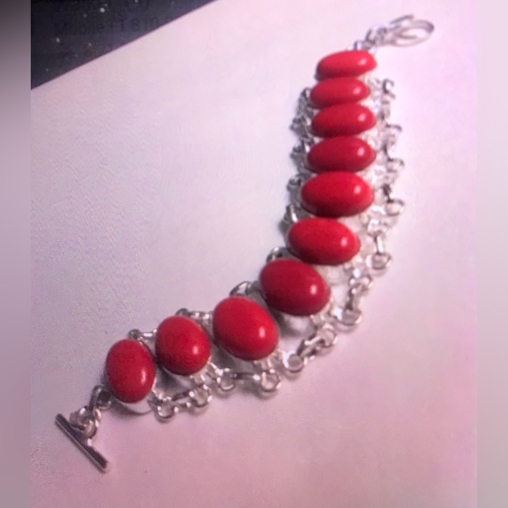 Red Coral Stamped 925 Sterling Silver Bracelet
